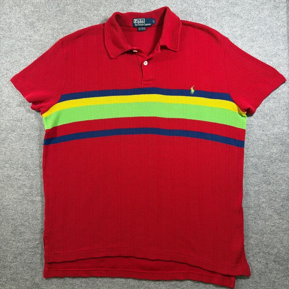 Vintage 90s Polo Ralph Lauren Waffle Knit Shirt Mens L Red Colorblock Stripe